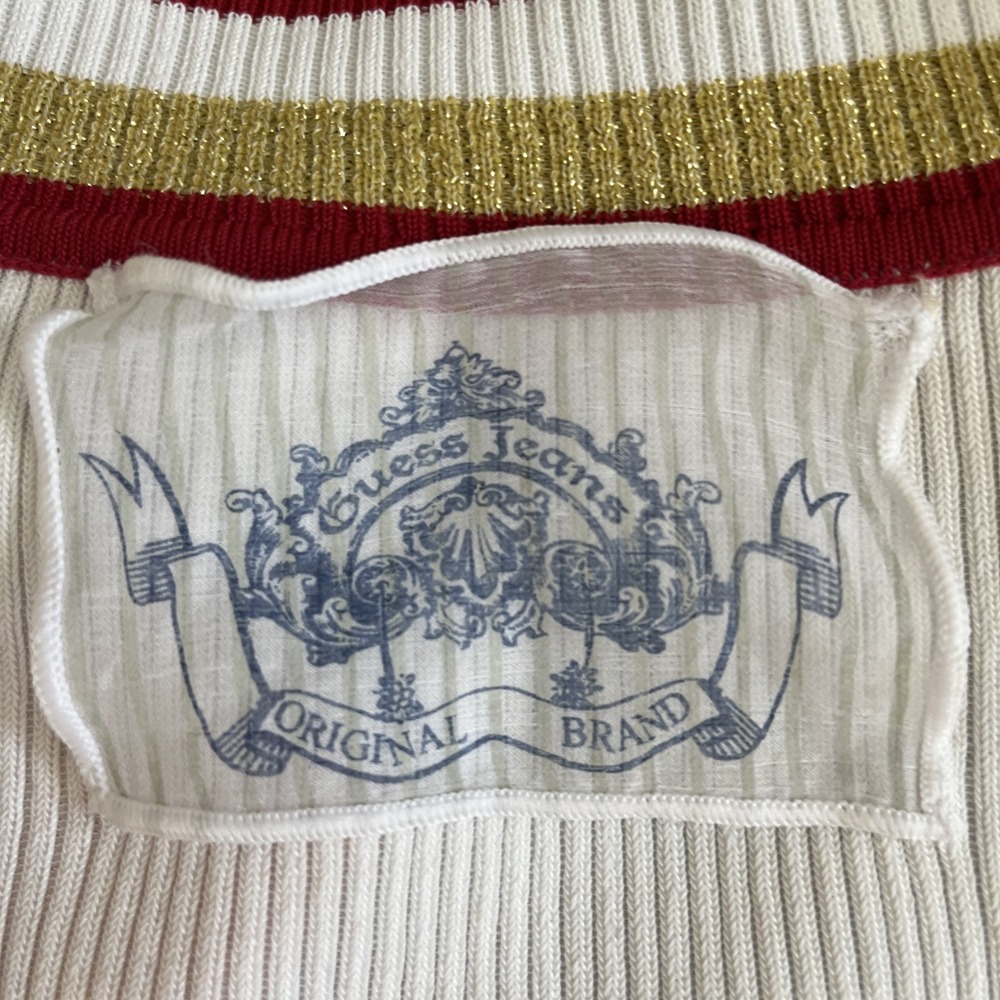 VTG Y2K Guess Jeans Ribbed Sweater Women White Red Gold Deep V Varsity Preppy - Picture 8 of 9
